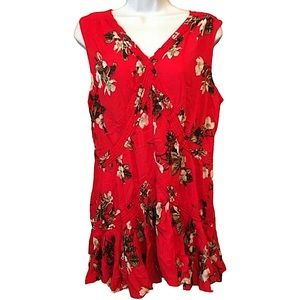 4/$32 Curations size medium red floral unique ruffly vneck sleeveless top EUC